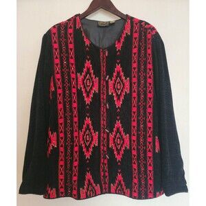Vintage 80s 90s 2X Women Julia Kim Aztec Red Black Button Tapestry Button Jacket